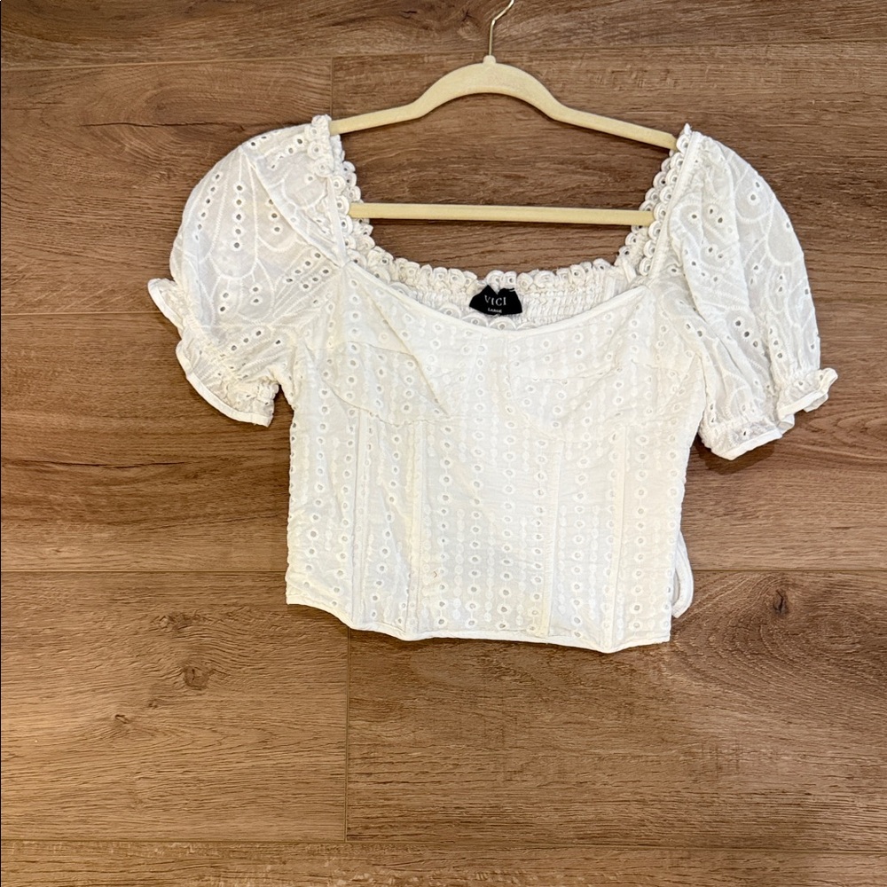 Vici White Eyelet Crop Top with Puff Sleeves